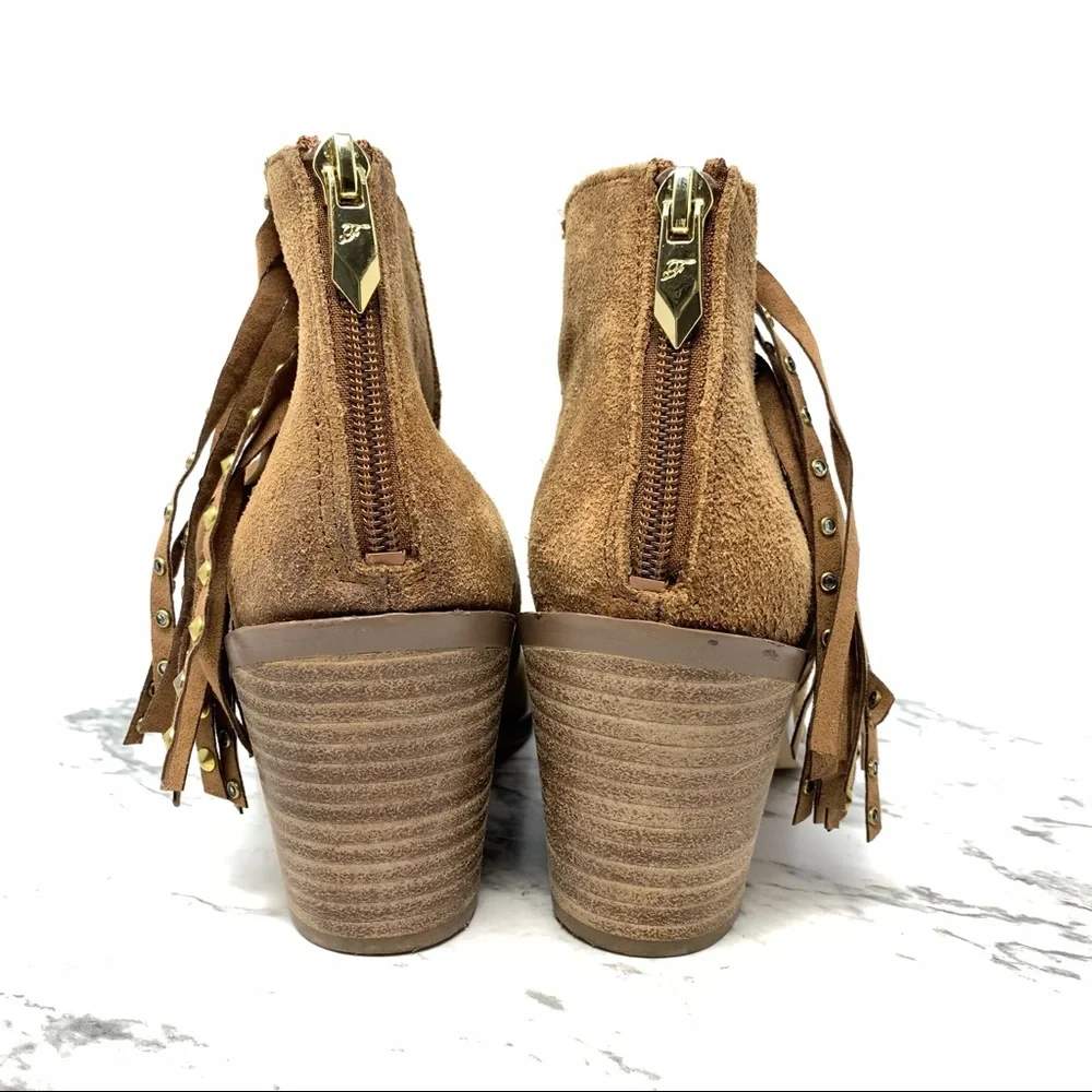 Fergie Bennie Brown Suede Studded Fringe Boots 7.5 Boho Prairie Cottagecore Moto